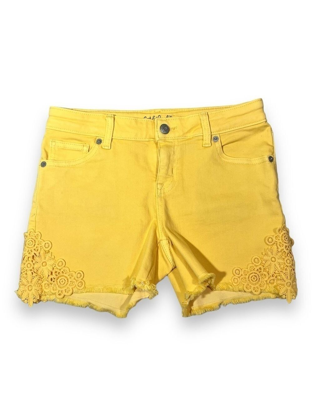 Cat & Jack Girl’s Ultimate Stretch Raw Hem Crochet Detail Short Yellow Size L